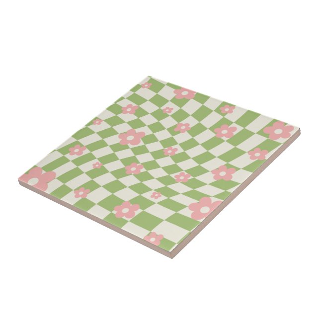 Green Pink Chequered Floral Tile (Side)