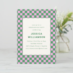 Green Pink Chequered Retro Graduation Party Invitation