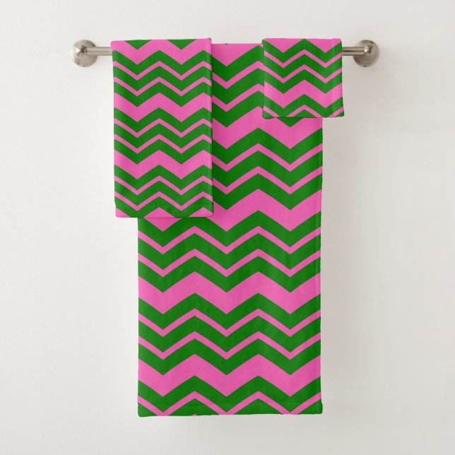 Green Pink Chevron Zigzag Design  Bath Towel Set (Insitu)