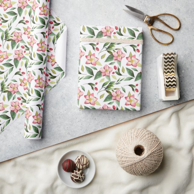 Green Pink Christmas Flowers Watercolor Pattern Wrapping Paper (Crafts)