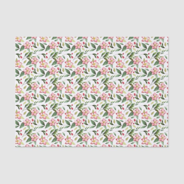 Green Pink Christmas Flowers Watercolor Tissue Paper (Front)