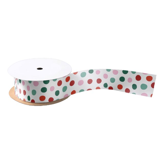 Green Pink Christmas Polka Dots Satin Ribbon (Spool)