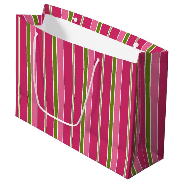 Green Pink Christmas Stripes Large Gift Bag (Front Angled)