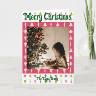 Green, pink Christmas trees Card