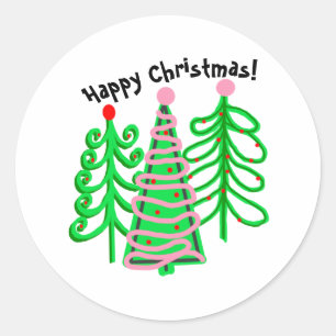 Green Pink Christmas Trees Classic Round Sticker