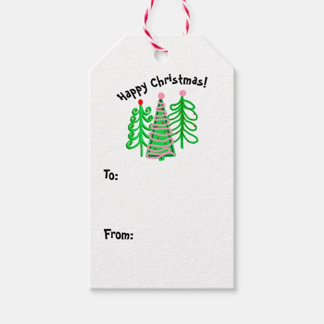 Green Pink Christmas Trees Gift Tags (Front)