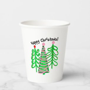Green Pink Christmas Trees Paper Cups