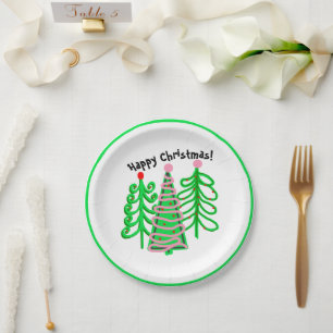Green Pink Christmas Trees Paper Plate