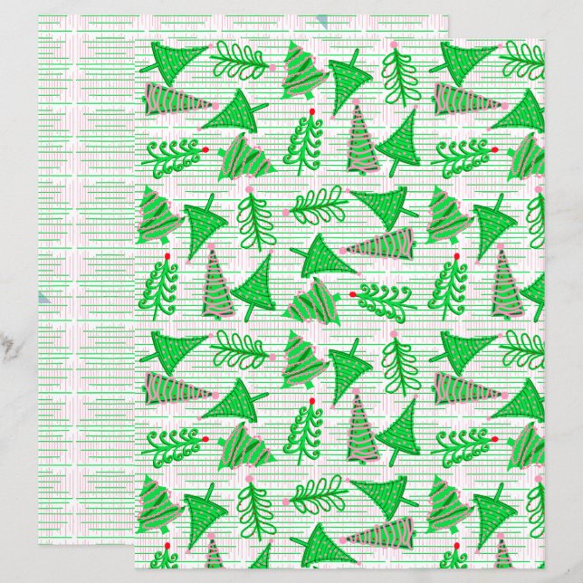 Green Pink Christmas Trees Scrapbook Paper (Front/Back)