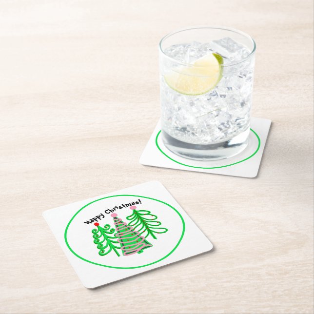 Green Pink Christmas Trees Square Paper Coaster (Insitu)