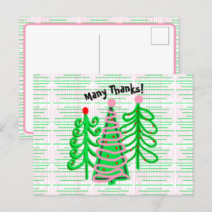 Green Pink Christmas Trees Thank you Postcard