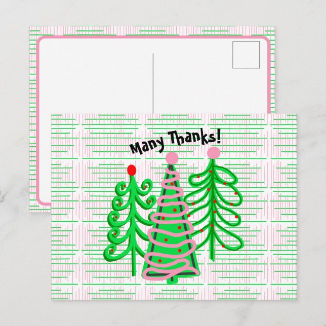 Green Pink Christmas Trees Thank you Postcard (Front/Back)