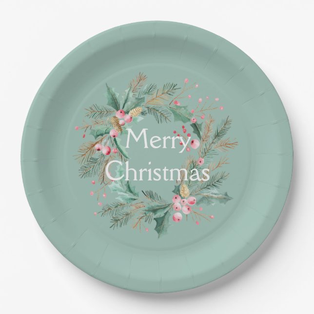 Green Pink Christmas Wreath Paper Plate (Front)