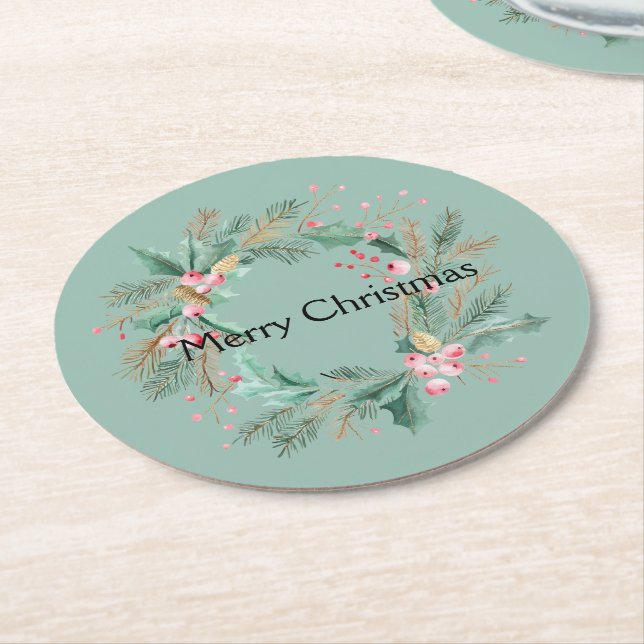 Green Pink Christmas Wreath Round Paper Coaster (Angled)