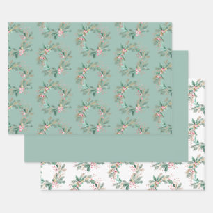 Green Pink Christmas Wreath Wrapping Paper Sheet