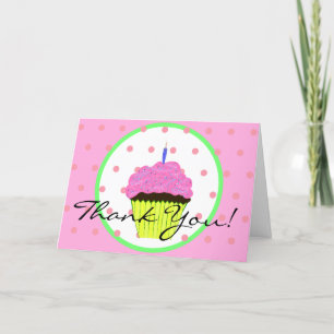 Green Pink Cupcake Polka Dots Birthday Thank You Card