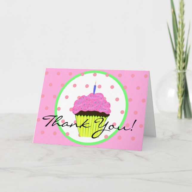 Green Pink Cupcake Polka Dots Birthday Thank You Card (Front)