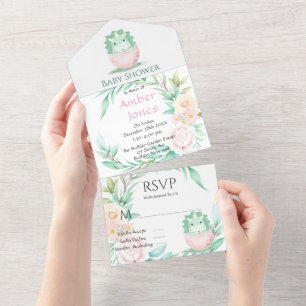 Green Pink Cute Dinosaur Peony Baby Shower  All In One Invitation