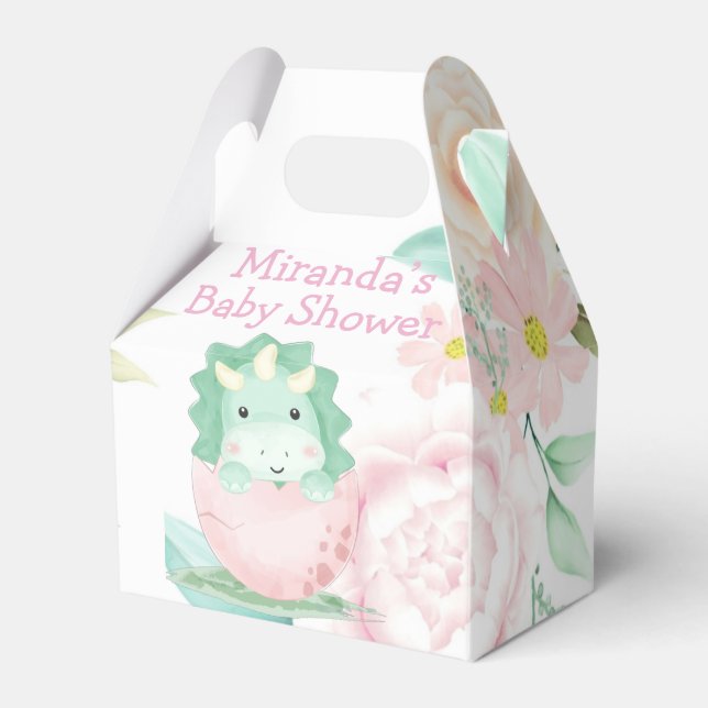 Green Pink Cute Dinosaur Peony Baby Shower  Favour Box (Front Side)