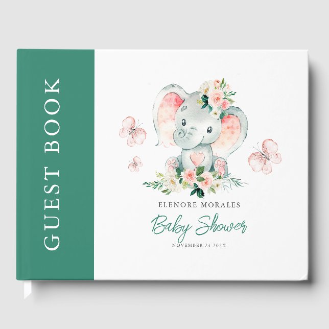 Green Pink Cute Floral Elephant Frame Baby Shower Guest Book (Front)