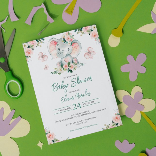 Green Pink Cute Floral Elephant Frame Baby Shower Invitation (Creator Uploaded)