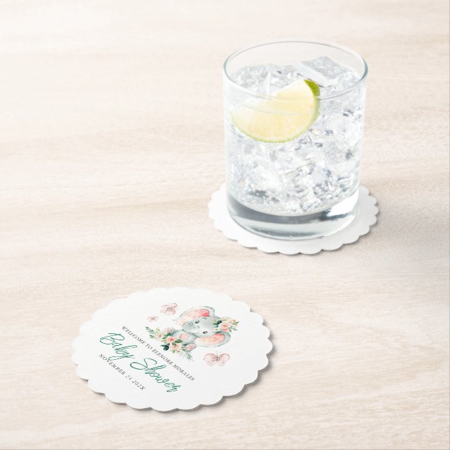 Green Pink Cute Floral Elephant Frame Baby Shower Paper Coaster (Insitu)