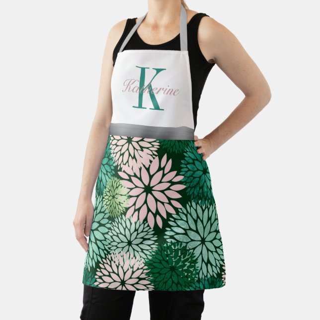 Green pink dahlia monogram custom name apron (Insitu)