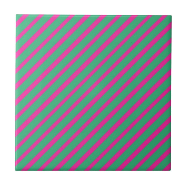 Green Pink Diagonal Stripe Pattern Tile (Front)