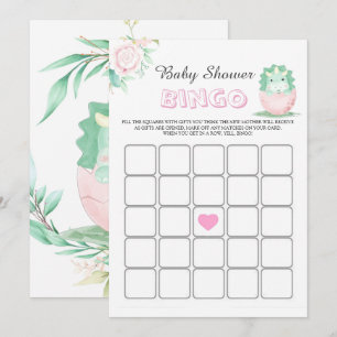 Green Pink Dinosaur Peony Baby Shower Bingo Card