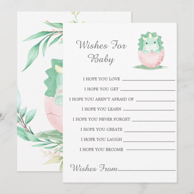 Green Pink Dinosaur Peony Wishes For Baby Card (Front/Back)