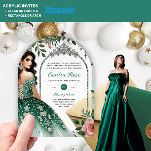 Green Pink Dress Quinceañera Silver Mis Quince Acrylic Invitations