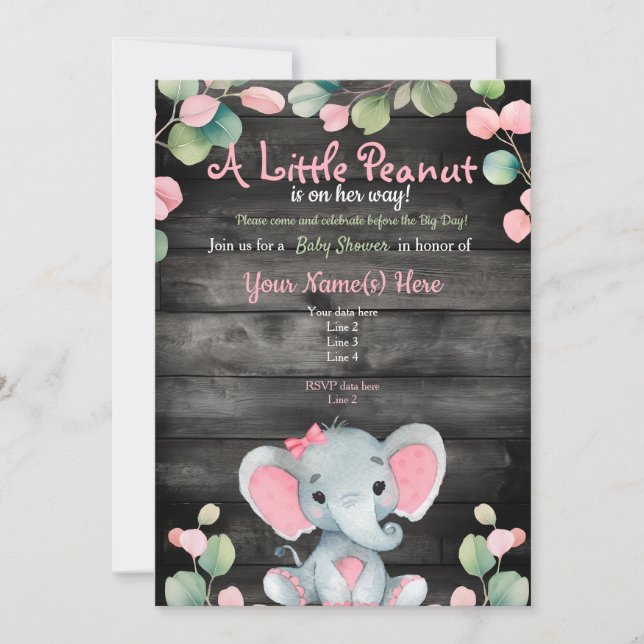 Green Pink Elephant Baby Shower invitation Rustic (Front)