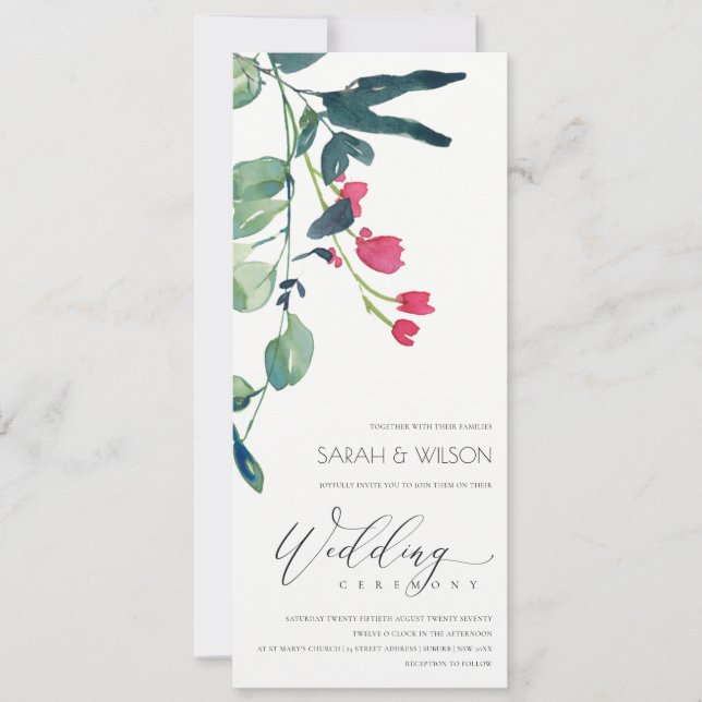 GREEN PINK EUCALYPTUS FOLIAGE BUNCH WEDDING INVITATION (Front)