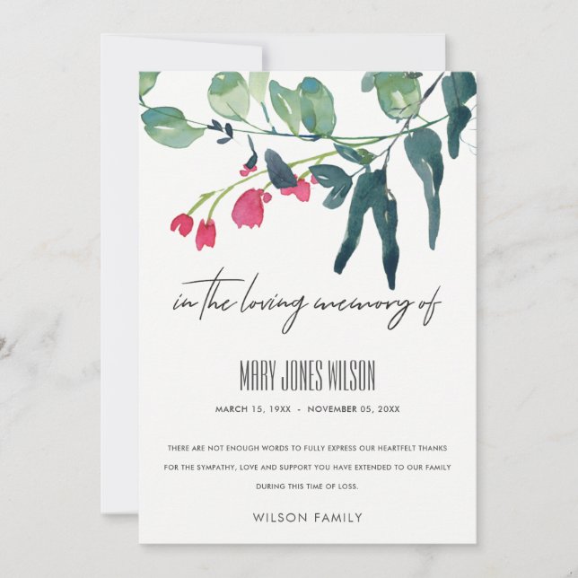 GREEN PINK EUCALYPTUS FOLIAGE SYMPATHY MEMORIAL THANK YOU CARD (Front)