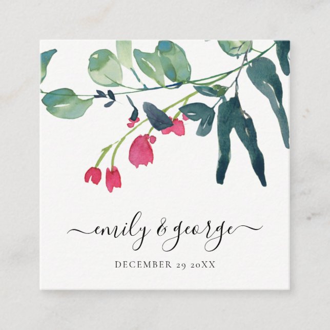 GREEN PINK EUCALYPTUS FOLIAGE WEDDING WEBSITE RSVP SQUARE BUSINESS CARD (Front)