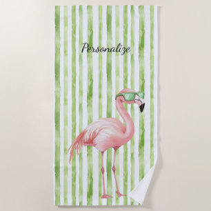 Green Pink Flamingo   Beach Towel