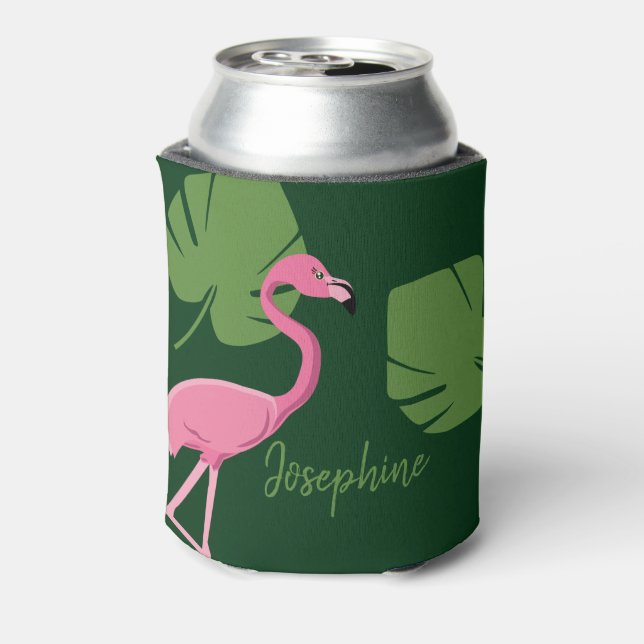 Green Pink flamingo Name Destination Wedding Can Cooler (Can Back)