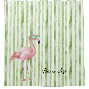Green Pink Flamingo   Shower Curtain
