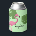 Green Pink Flamingo Tropical Bachelorette Can Cooler<br><div class="desc">Surprise the girls at the bachelorette party with can cooler flamingo designs. This can cooler features my pink flamingo tropical illustration with green monstera leaves which you can customise for each person. A field for their name on one side and the bride-to-be's name and greeting, with date on the other....</div>