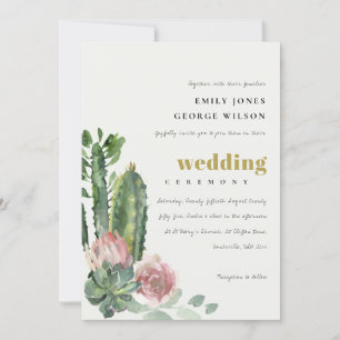 GREEN PINK FLORAL DESERT CACTI FOLIAGE WEDDING INVITATION