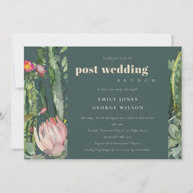 GREEN PINK FLORAL DESERT CACTI  POST WEDDING BRUCH INVITATION (Front)