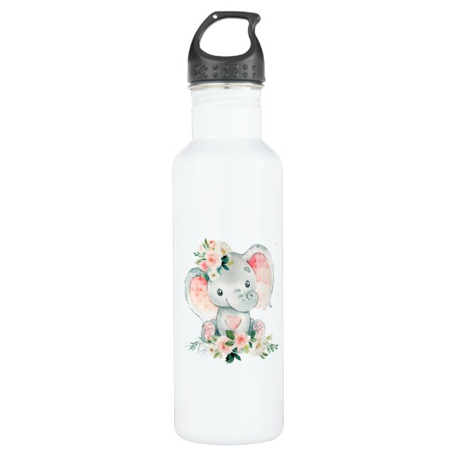 Green Pink Floral Elephant Frame Diaper Raffle 710 Ml Water Bottle (Front)