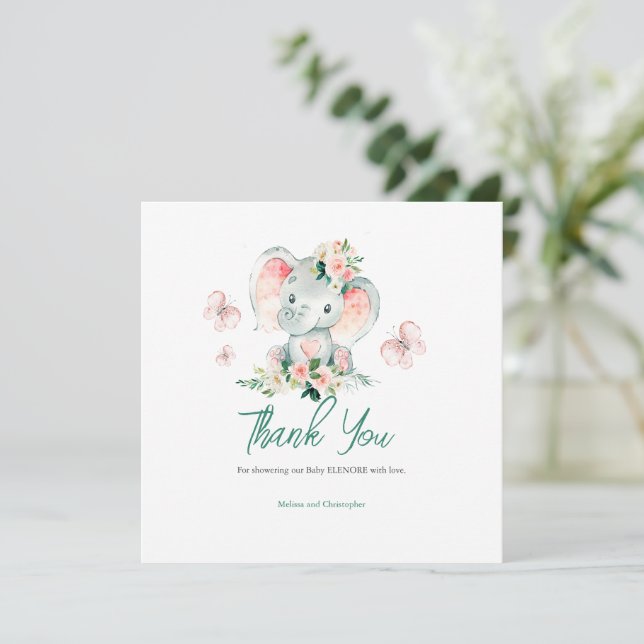 Green Pink Floral Elephant Frame Diaper Raffle Thank You Card (Standing Front)