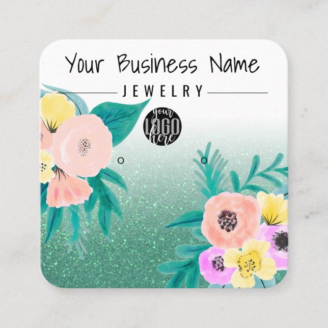 Green Pink Floral Glitter Logo Earring Display Square Business Card (Front)
