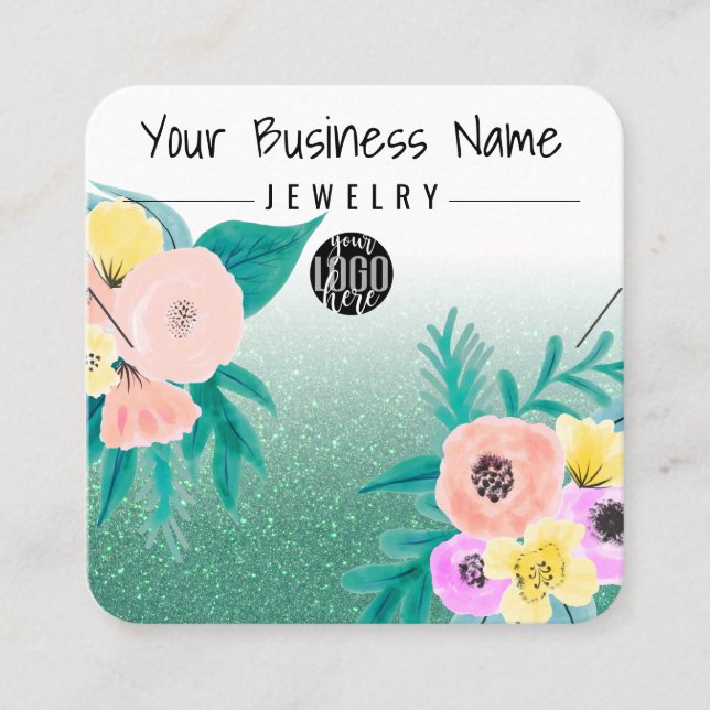 Green Pink Floral Glitter Logo Necklace Display Square Business Card (Front)