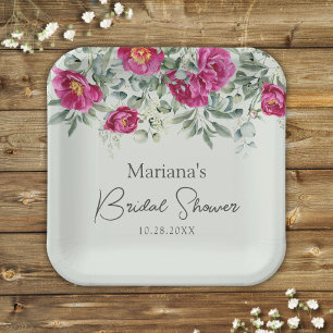 Green Pink Floral on Sage Bridal Shower Paper Plate