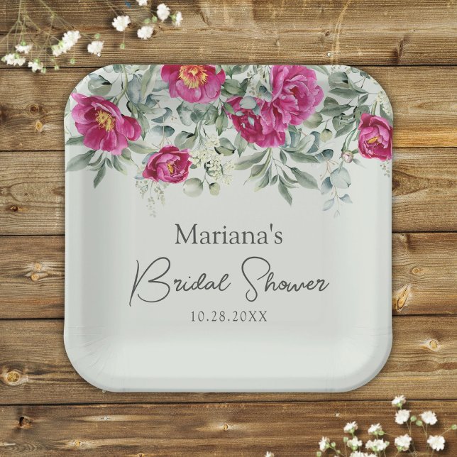 Green Pink Floral on Sage Bridal Shower Paper Plate (Creator Uploaded)