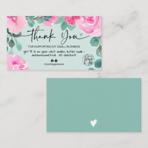 Green Pink floral watercolor order thank you Business Card