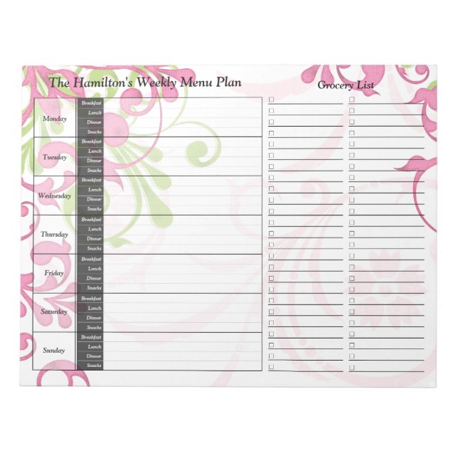 Green Pink Floral Weekly Personalised Meal Planner Notepad (Front)