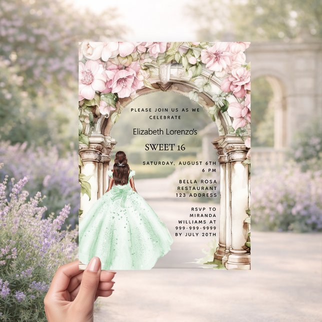 Green pink florals arch dress clear Sweet 16 Acrylic Invitations (Creator Uploaded)